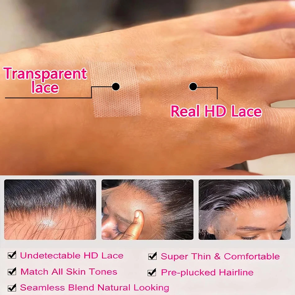 Umi 13x4 HD bone straight Wig Transparent Lace Frontal wigs 220% 300% Density 100% real Remy Human Hair 8-16 Inch natural black