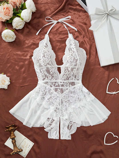 Plus Size 4XL Erotic Backless Deep V Sexy Lingerie Transparent Floral Lace Women Night Dress Teddy Babydoll Crotchless Underwear