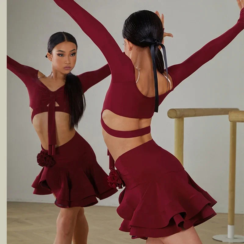 Latin Dance set Clothes Girls Long SLeeves Short Top Skirt Cha cha samba Performance Competition Dress Burgundy Black Dress Kids