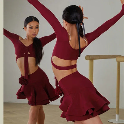 Latin Dance set Clothes Girls Long SLeeves Short Top Skirt Cha cha samba Performance Competition Dress Burgundy Black Dress Kids