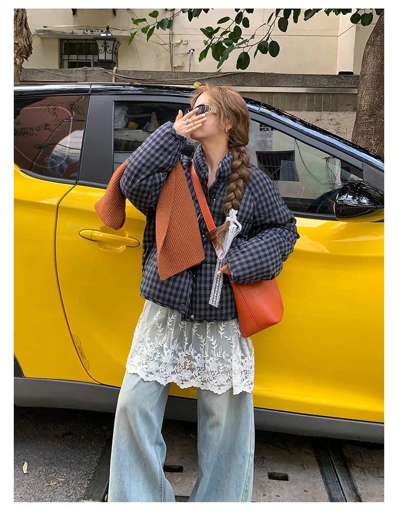 MEXZT Short Plaid Parkas Women Streetwear Stand Collar Puffer Jacket Winter Korean Down Coats Fashion Cotton Padded Outerwears