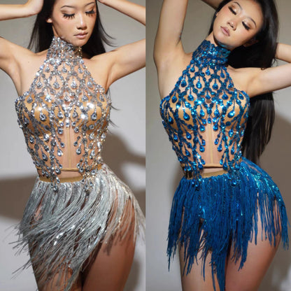 Luxurious Blue Diamond Sparkling Tassel Jazz Dance Performance Clothing Basketball Baby Performance Clothing Cheerleading Short