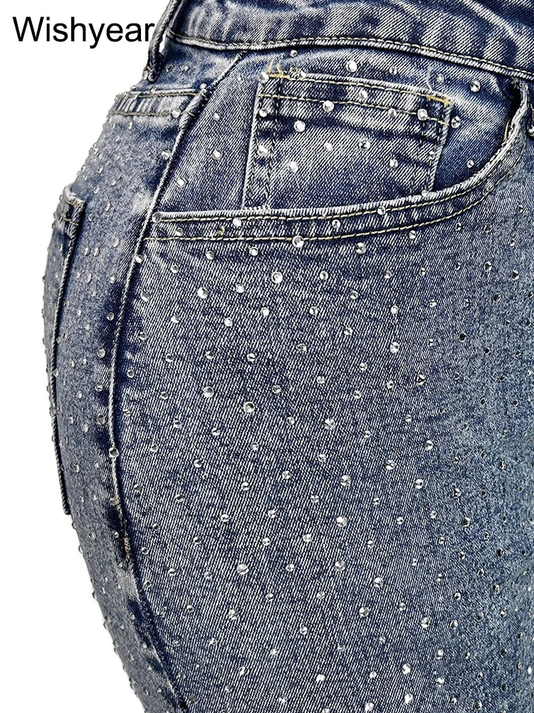 Fashion Skinny Stretch Jeans for Women Luxury Diamonds Hole Pencil Pants High Waist Washed Streetwear Y2k Streetwear Trousers