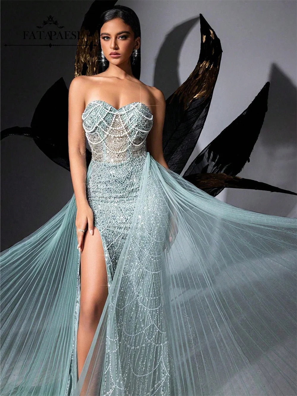 FATAPAESE Glamour Sequin Pearls Luxury Evening Dresses Sexy Tulle Train Party Dress for Wedding Charity Prom Award Ceremony