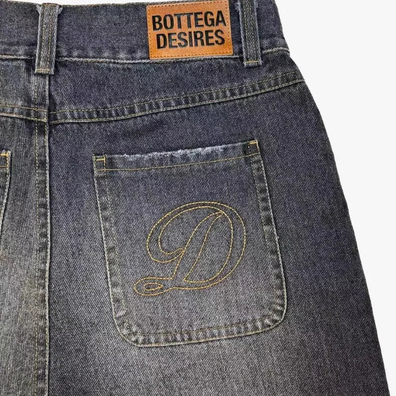 Deeptown Y2k Vintage Harajuku Denim Shorts Women Washed Letter Embroidery Tassels American Retro Jeans Man Baggy Hip Hop Jorts