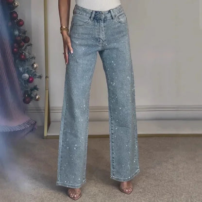 Jeans for Women Straight Diamonds Pants Stretch High Waist Washed Mom Jeans Vintage Denims Streetwear Y2k Streetwear Trousers