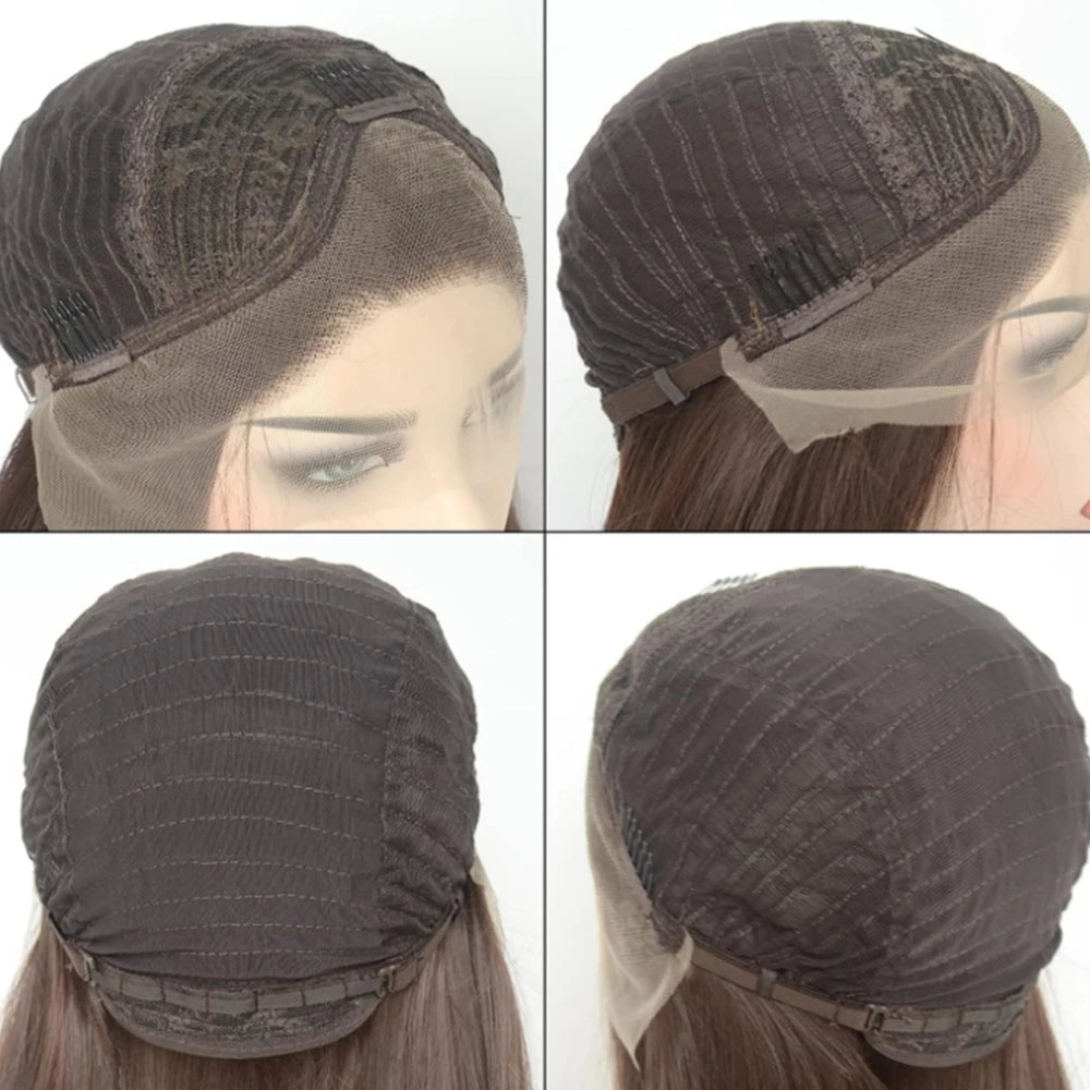 Voguequeen Platinum Blonde Synthetic Lace Front Wigs Silky Straight Heat Resistant Fiber Daily Wear For Women