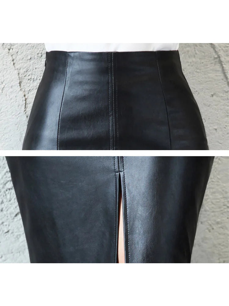 Women PU Leather Midi Skirt Autumn Winter Ladies Package Hip Front or Back Slit Pencil Skirt
