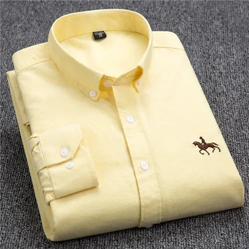 Casual Pure Cotton Oxford Mens Shirts Long Sleeve Embroidery Horse Design Regular Fit Fashion Button Man White Dress Shirt