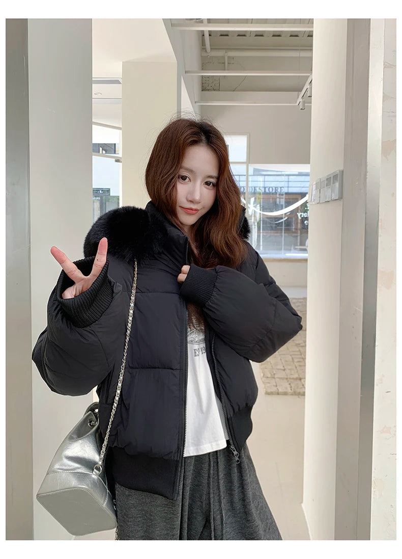 Casual Warm Fur Hooded Cropped Parkas Chic Streetwear Korean Style Down Cotton Coat Thicken Short Women's Winter 2025 Jacket