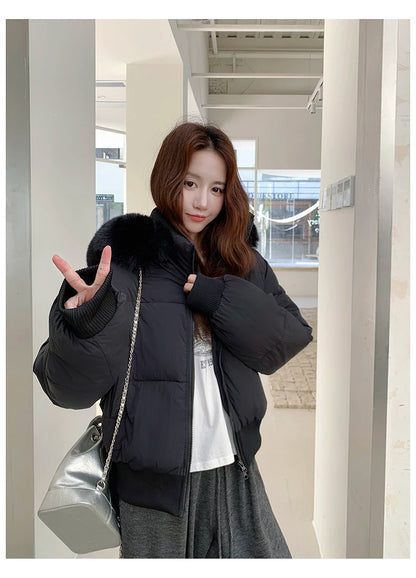 Casual Warm Fur Hooded Cropped Parkas Chic Streetwear Korean Style Down Cotton Coat Thicken Short Women's Winter 2025 Jacket