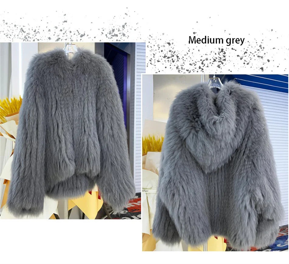 Fox Fur Coat Women's Winter Fashion Warm 100% Fox Fur Coat Hooded Long Sleeved Sweet Women's Luxury Designer Coat