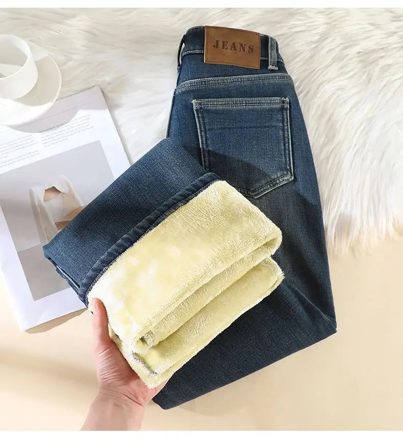 Woman High Waist Fashion Thermal Wide Leg Jeans Female Y2k Clothes Baggy Pants Girl Autumn Winter Snow Versatile Denim Trousers