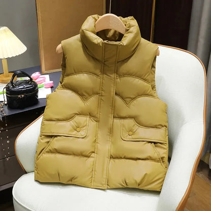 Down Cotton Vest Women 2025 New Autumn Winter Fashion Stand Collar All-Match Warm Sleeveless Waistcoat Jacket Ladies Female Tops