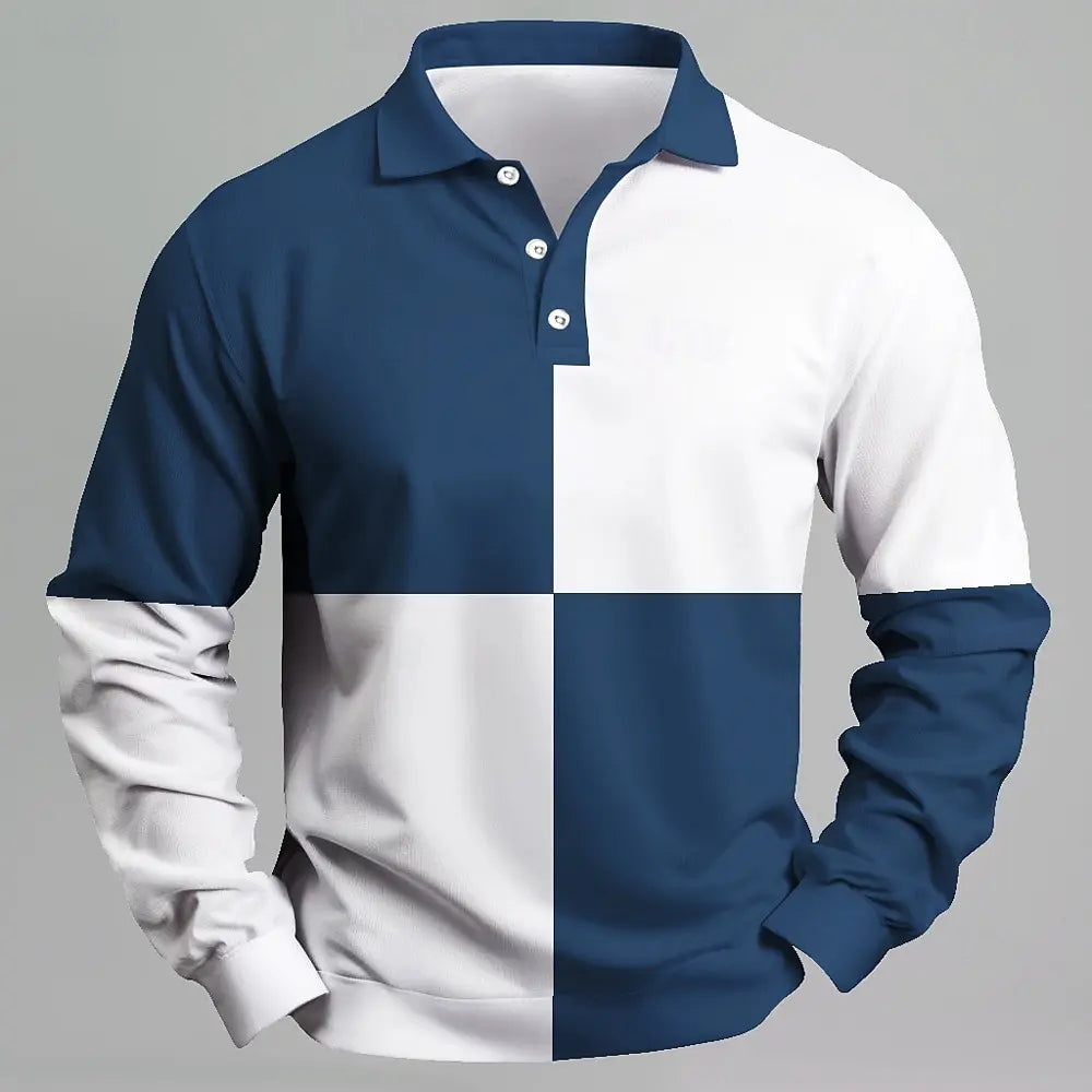 Men's Plaid Splicing Long Sleeve Polo Shirt Lapel Sports Leisure Outdoor Office Daily Wear Button Spring Autumn Winter