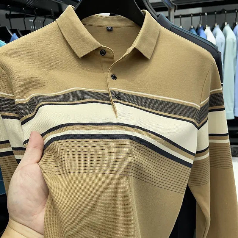 Men Casual Long Sleeve Striped Collar Polo Shirt Loose Fit Spring Autumn Top