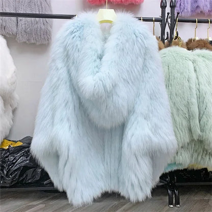 Fox Fur Coat Women's Winter Fashion Warm 100% Fox Fur Coat Hooded Long Sleeved Sweet Women's Luxury Designer Coat