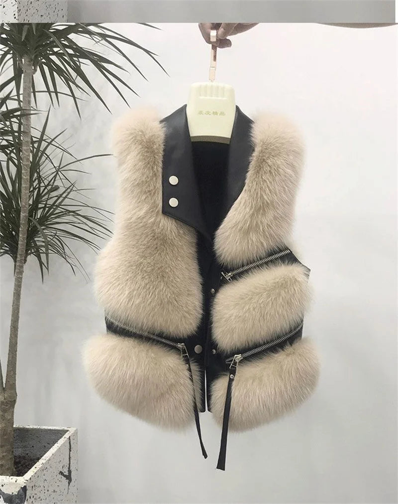 Autumn Winter Splicing Imitation Fox Fur Grass Vest Women Short Jacket 2025New Fashion Versatile Sleeveless Lady Waistcoat Coat