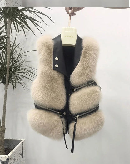 Autumn Winter Splicing Imitation Fox Fur Grass Vest Women Short Jacket 2025New Fashion Versatile Sleeveless Lady Waistcoat Coat
