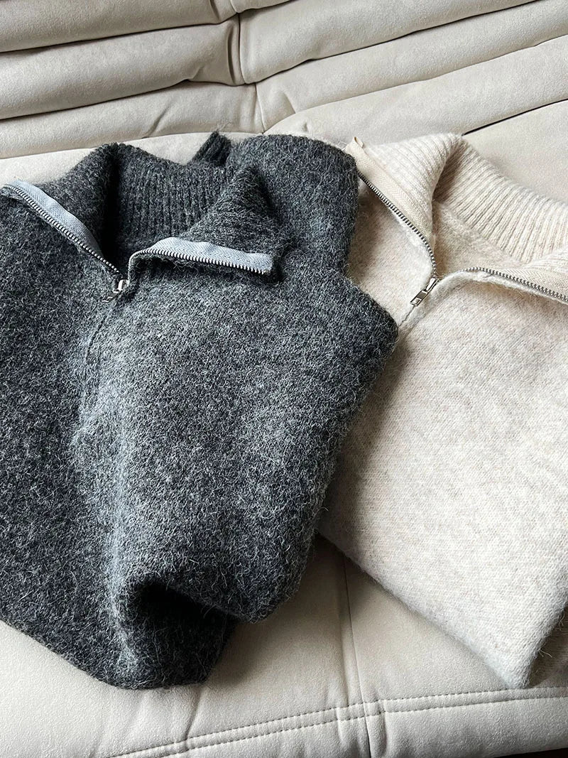 2026 Women Turn Down Collar Sweater Long Sleeve Zipper Design Warm Cardigans Clothes Tops For Women Winter Sweater Pull Femme