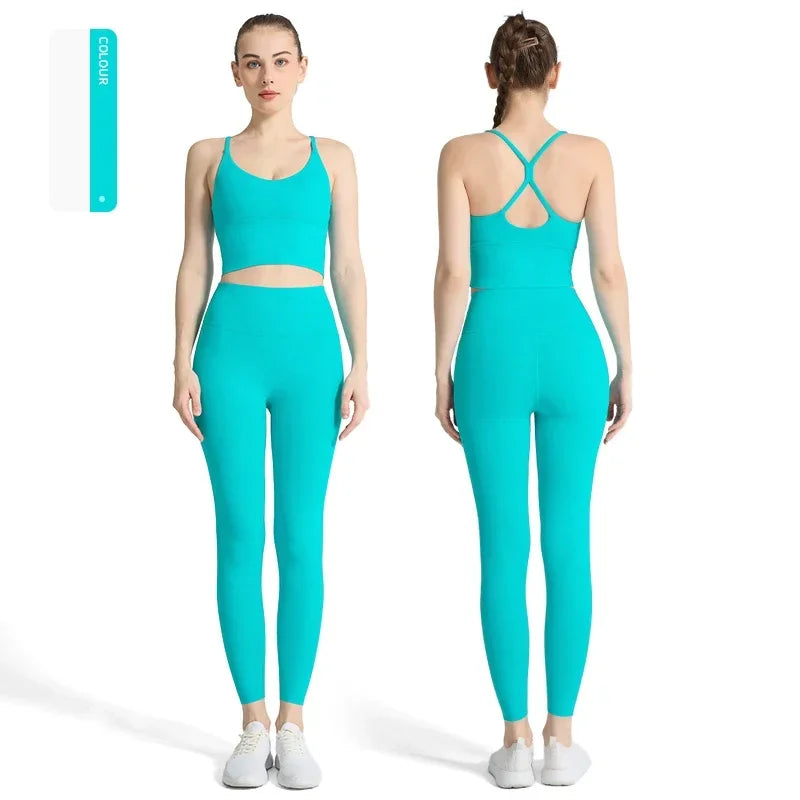 2-piece Yoga Suit Women Sportswear Fitness Set Cross back Yoga Tops A High Waist Leggings Pilates Fitness Sports Clothing👚👚