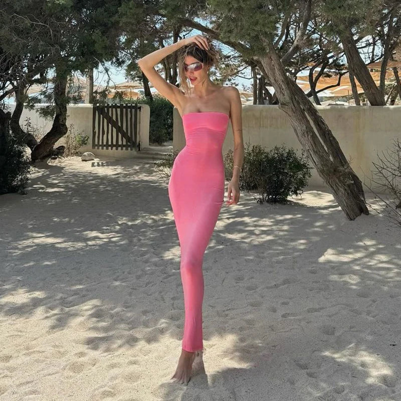 Hugcitar Elegant Women Solid Strapless Backless Bandage Sexy Bodycon Maxi Dress Summer Women Y2K Clothes Beach Vacation Party