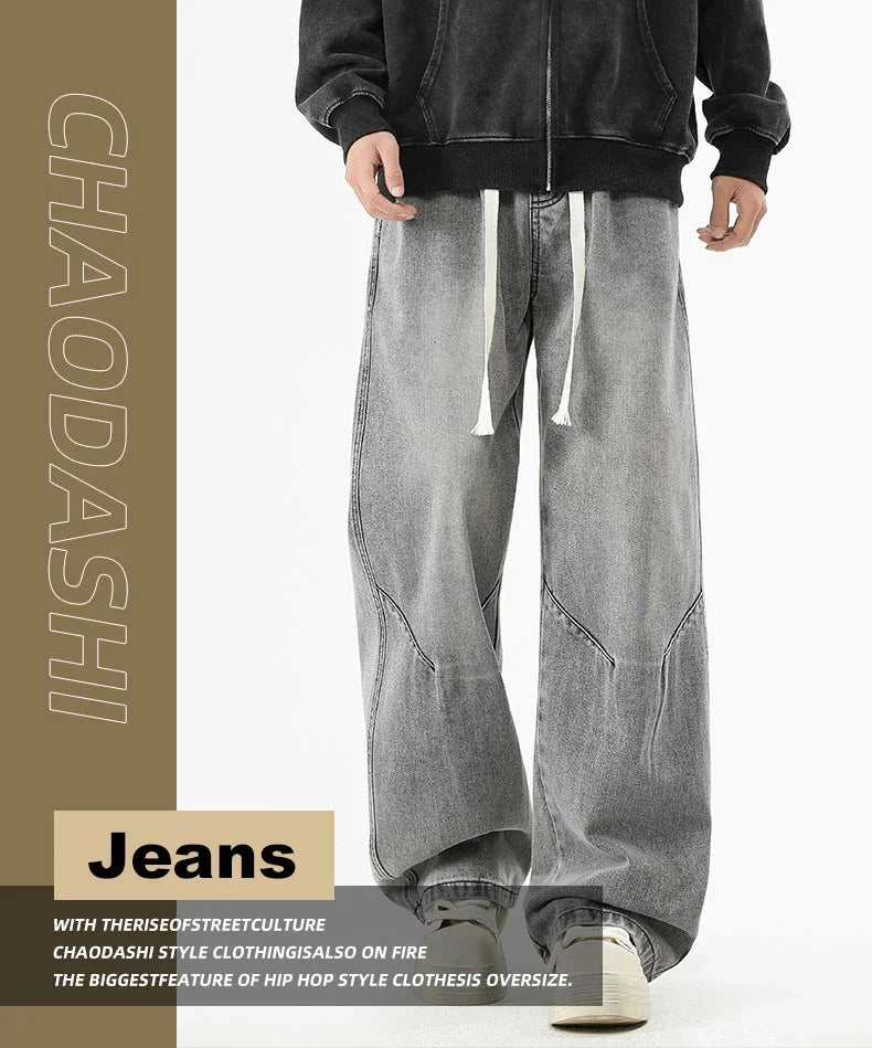 2025 Hip-hop Baggy Denim season elastic waist New Korean Men's Jeans American Loose Fit Wide-leg Straight Casual Trousers Street