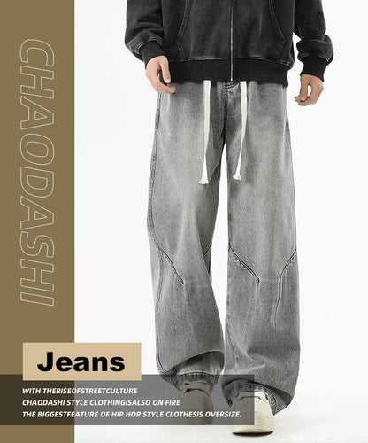 2025 Hip-hop Baggy Denim season elastic waist New Korean Men's Jeans American Loose Fit Wide-leg Straight Casual Trousers Street