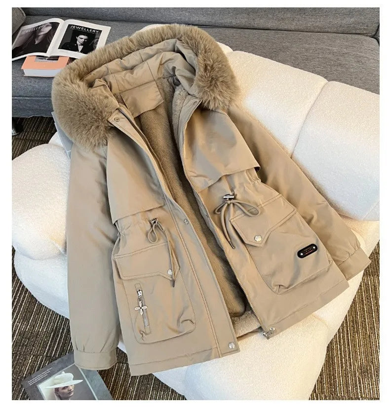 Women Big Fur collar Loose Parka Jacket Lady Medium Long Styles Down Cotton Outwear Winter Female Hooded Cotton Padded Coat