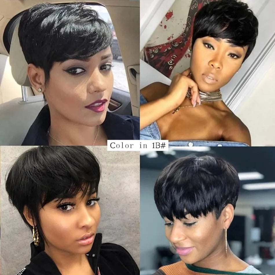 Short Pixie Cut Wig Human Hair For Women Machine Made Wigs With Bangs Brazilian Human Hair Wigs Cheap Pixie Cut WigsOn Sale