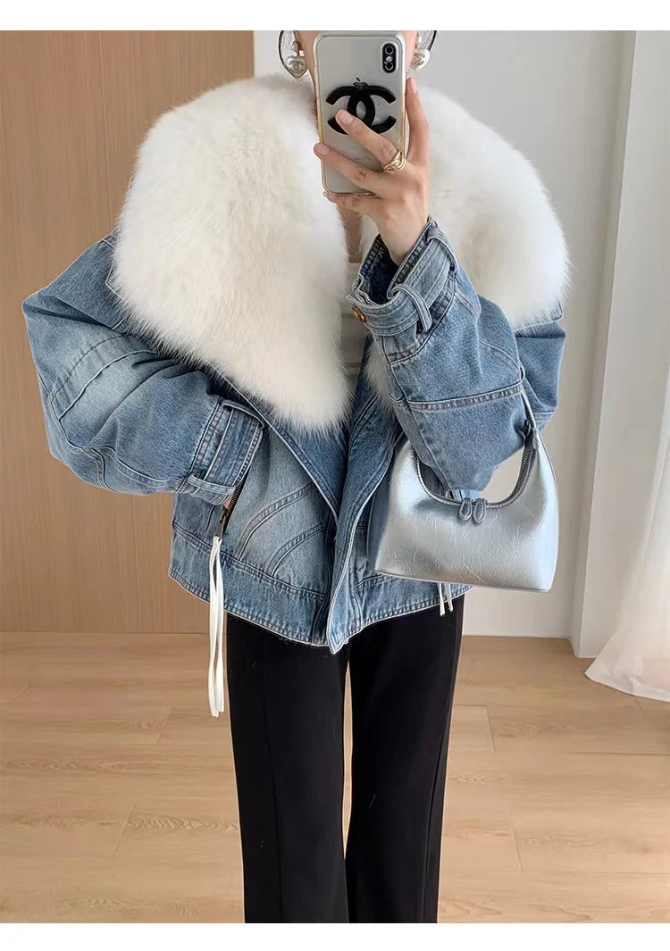Womens Coats Spring New 100%Natural Real Fox Fur Collar Fashion Short Denim Jacket Luxury Goose Down Puffer Jackets Clothing