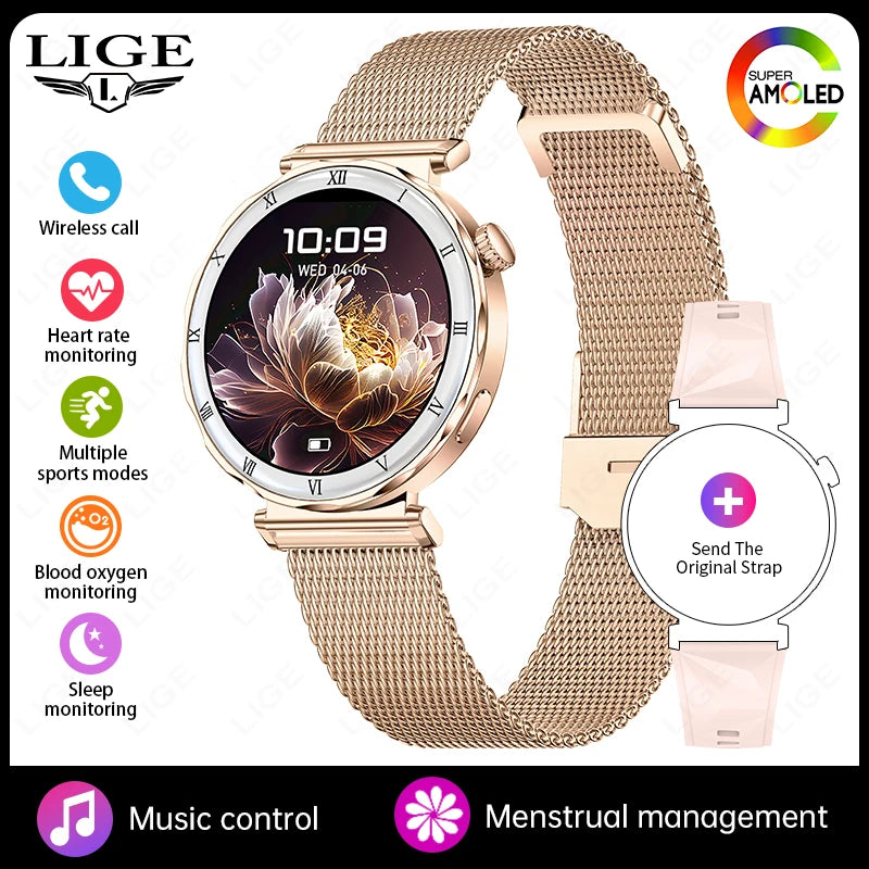 LIGE New Ultra Thin Smart Watch Women Screen Always Display Time Diamond Luxury Bracelet Voice Calling AMOLED Smartwatch Ladies