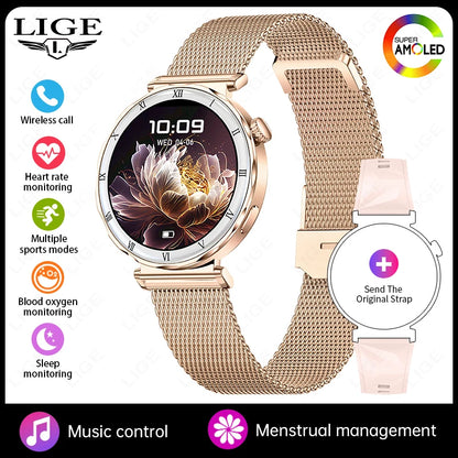 LIGE New Ultra Thin Smart Watch Women Screen Always Display Time Diamond Luxury Bracelet Voice Calling AMOLED Smartwatch Ladies