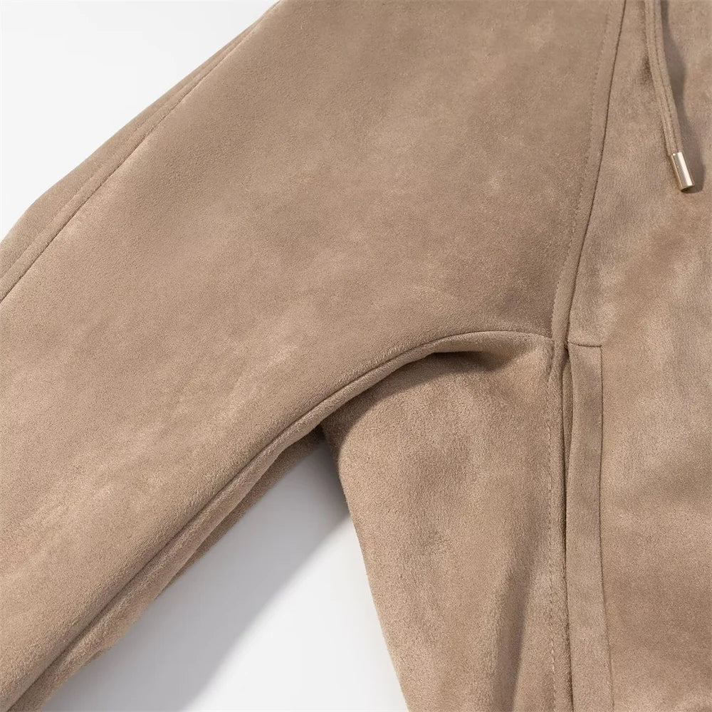 New autumn and winter women's casual loose suede texture effect hooded long sleeved solid color pilot jacket jacket