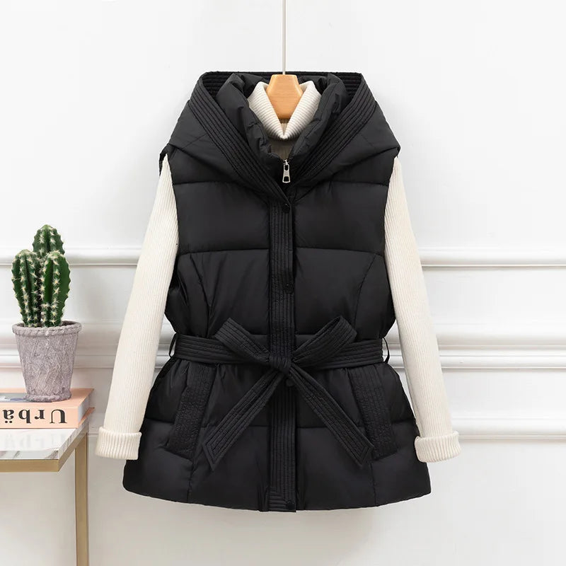 Women's Quilted Puffer Vest Thicken Warm Winter Hooded Coat Solid Color Sleeveless Padded Outwear Cropped Button Zip Up Coat
