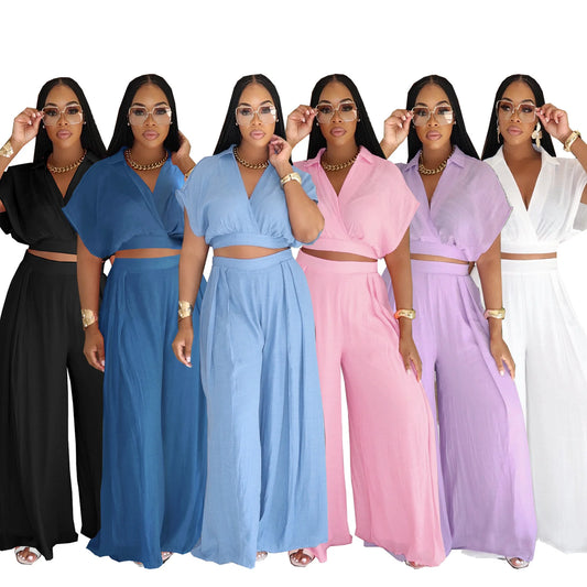 Fashion Summer Women's Set Turn Down Collar Blouse Top and Wide Leg Pants Suit 2025 Two 2 Piece Sets Outfit Tracksuit