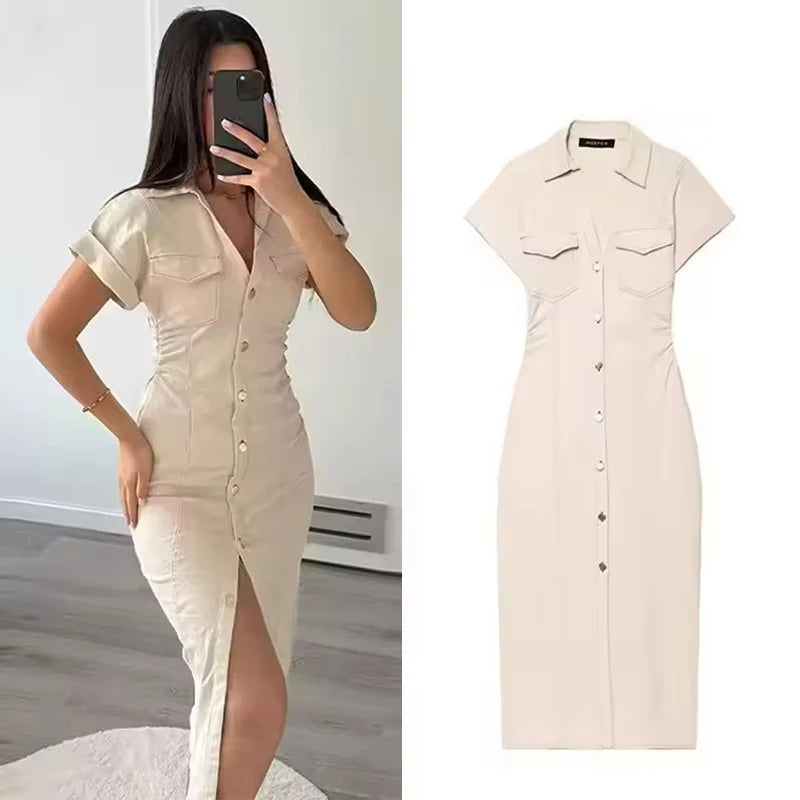 Denim Dress Women's Spring Summer Casual Long Dresses For Women 2025 New Fashion Ruched Short Sleeve Streetwear Midi Dress