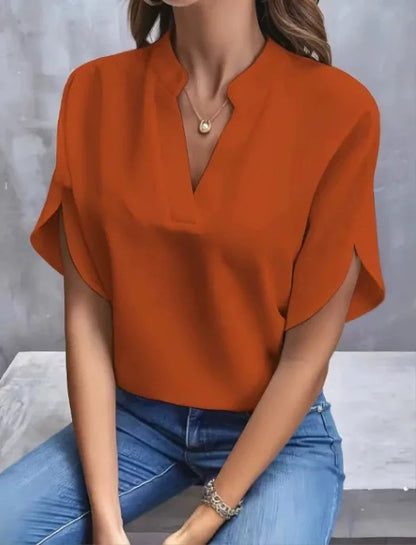 1pcs Woman New Summer Solid Color Shirts Lady Casual Short Sleeve V-neck Collar Loose Shirts Female Fashion Pullover Tops