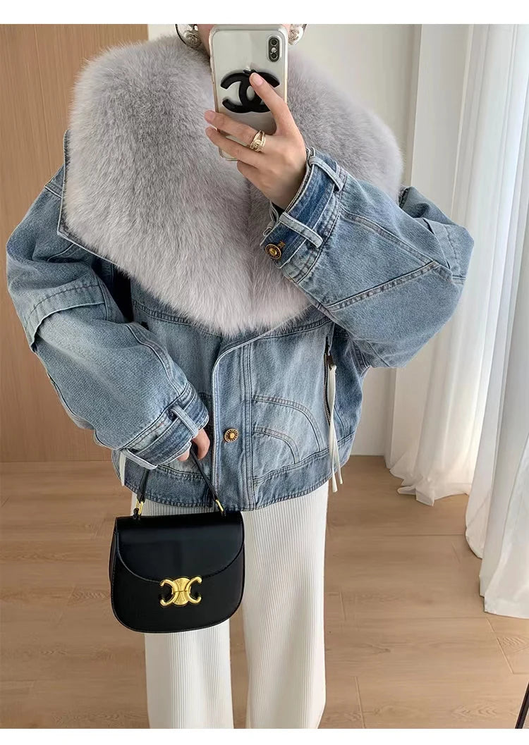 Womens Coats Spring New 100%Natural Real Fox Fur Collar Fashion Short Denim Jacket Luxury Goose Down Puffer Jackets Clothing