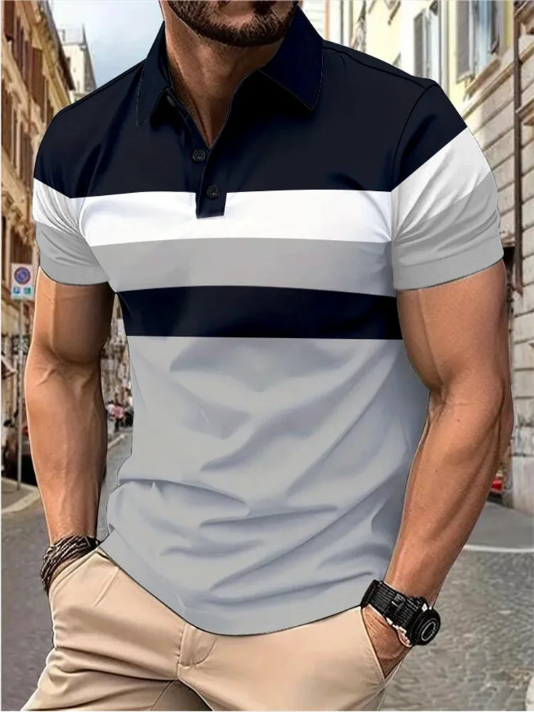 Men's Casual Polo Shirt Fashion Stitching Line Design Slight Stretch Comfortable Fabric Plus Size Men's Lapel Short Sleeves Top
