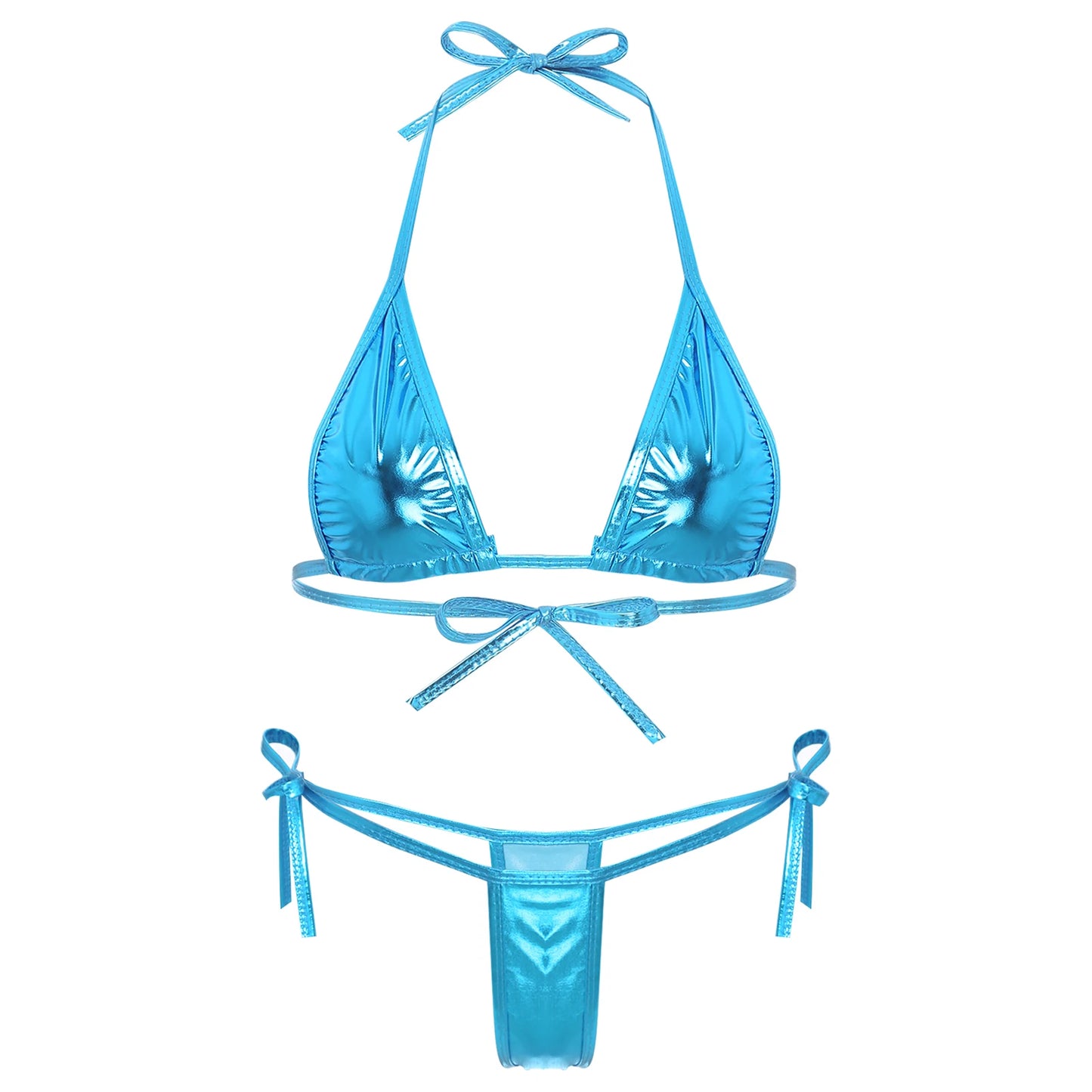 Womens Brazilian Micro Bikini Swimsuit Biquini Set Lacing Non-Padded Triangle Cup Bra Top with G-String Metallic Shiny Swimwear