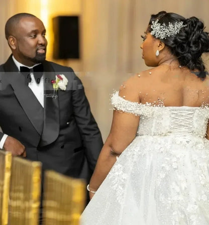 Customized Wedding Dress For Bride 2025 Sheer Neck Lace Up Back Major Beading Sequins Pearls Plus Size Women Africa Bridal Gowns