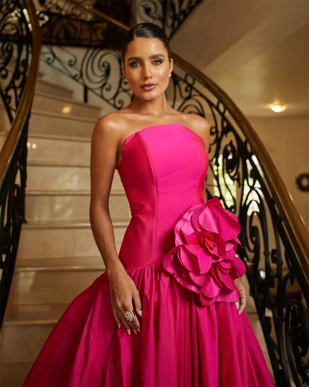 Amanda Customized Pink Strapless 3D Flower Prom Dresses Pleated Sleeveless vestidos de noche Mermaid Floor-Length Formal Evening