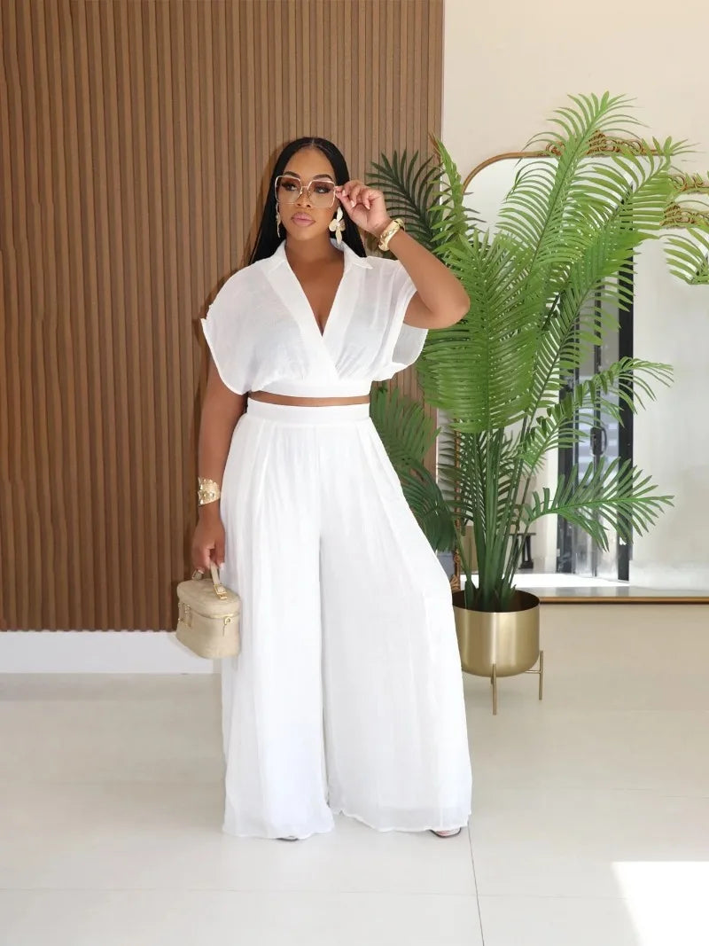 Fashion Summer Women's Set Turn Down Collar Blouse Top and Wide Leg Pants Suit 2025 Two 2 Piece Sets Outfit Tracksuit