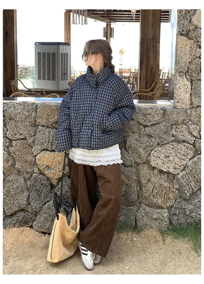 MEXZT Short Plaid Parkas Women Streetwear Stand Collar Puffer Jacket Winter Korean Down Coats Fashion Cotton Padded Outerwears