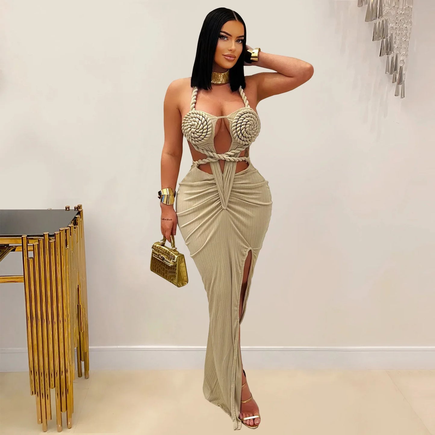 Women's Hollow Out Sleeveless Sexy Knitted Halter Neck Backless Solid Color Dress for Summer 2025