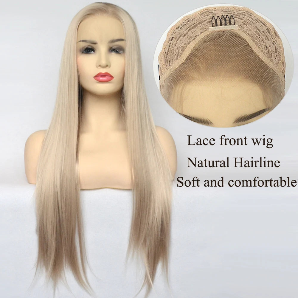 Voguequeen Platinum Blonde Synthetic Lace Front Wigs Silky Straight Heat Resistant Fiber Daily Wear For Women
