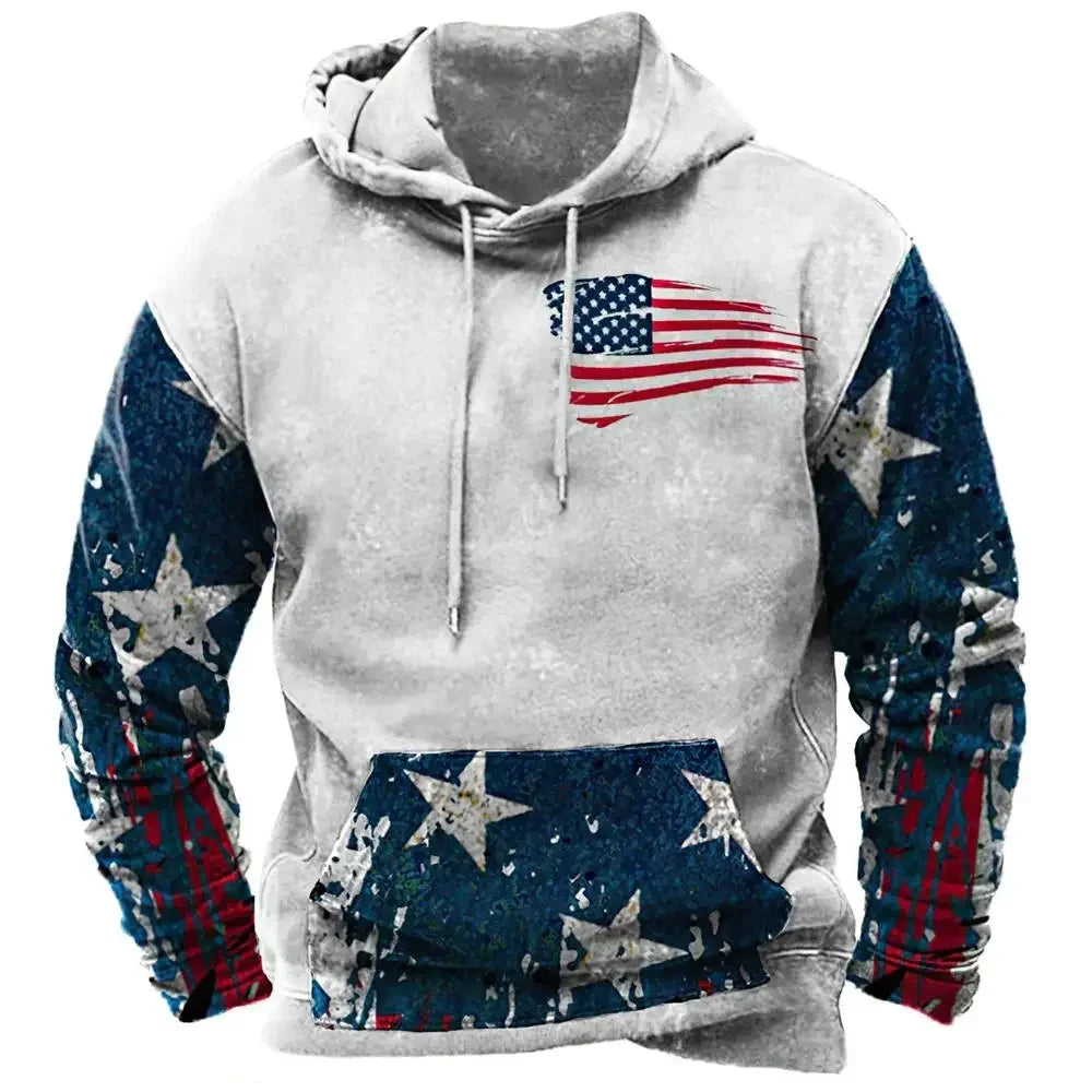 Fashionable American Flag Printed Men's Hoodie Trendy Harajuku Retro Clothing Spring and Autumn New Hoodie Sportswear
