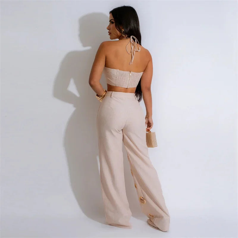 Sexy Night Party 2 Piece Sets Women Outfit Clubwear Festival Clothing Halter Crop Top and Pants Conjuntos Femininos Elegantes