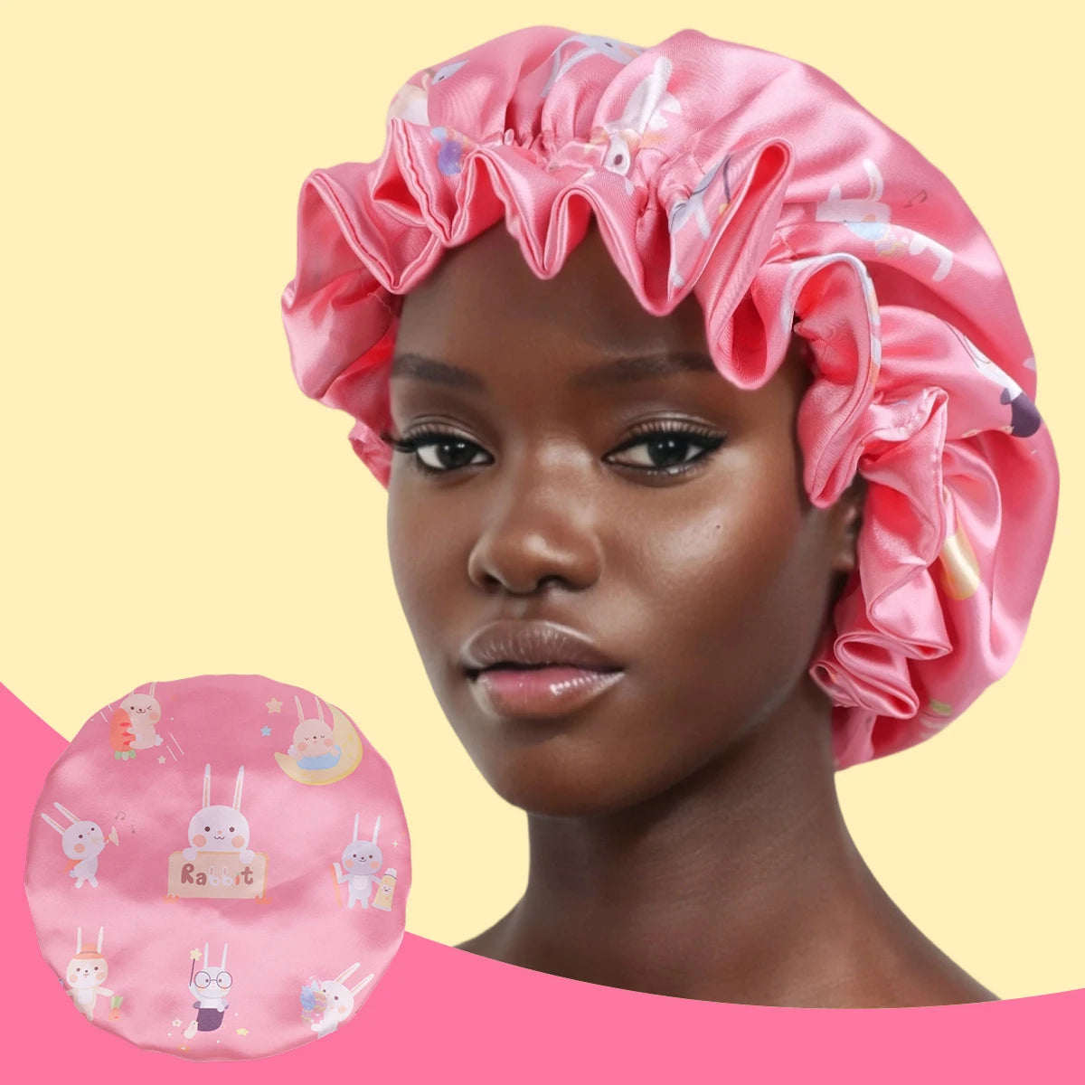 1 Piece Satin Silk Sleep Cap with Fruit Animal Print Double Layer Comfortable for Daily Use